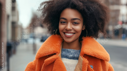 Happy African American woman in orange coat outdoors. Ideal for urban fashion, authentic happiness, or modern lifestyle portraits.