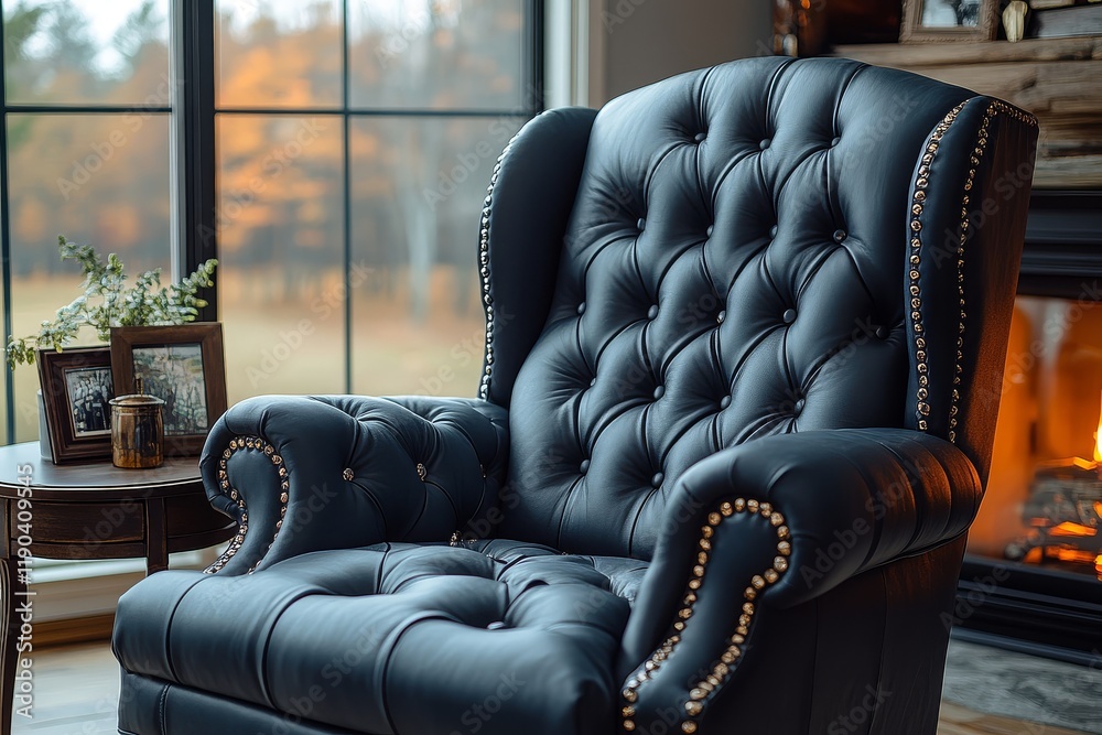 Obraz premium Classic dark gray leather recliner with diamond-studded buttons, side table with home decor items, natural light streaming through window, cozy ambiance.