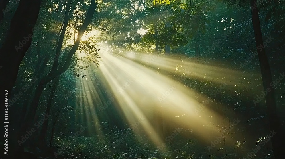 Obraz premium Sunbeams Illuminate Misty Forest Path