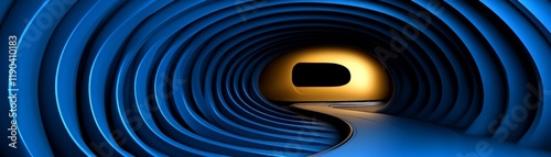 Abstract Blue Tunnel: A mesmerizing journey into the depths of an abstract blue tunnel, curving towards a warm golden light at its end. The image evokes a sense of mystery, exploration.