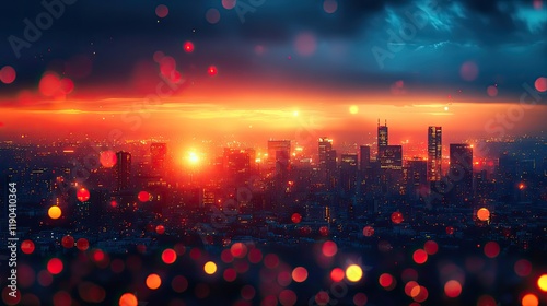 An abstract bokeh image of a city skyline with glowing lights represents finance, financial business centers, urban life, investment, and economic growth