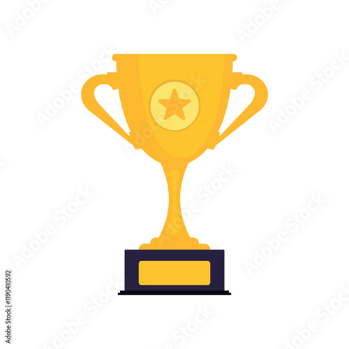 Golden trophy cup with a star emblem and black base, symbolizing success, achievement, and excellence. Perfect for awards, competitions, and sports events. Flat vector illustration on a white bg