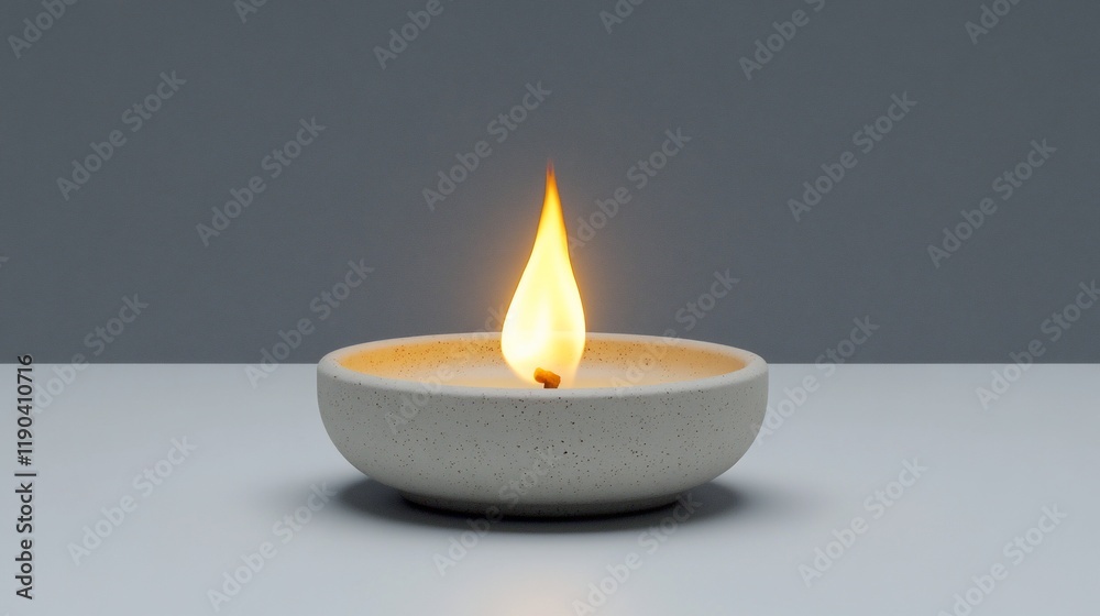 A single, lit candle in a beige bowl on a white surface against a gray background. A single, lit candle in a beige bowl on a white surface against a gray background.
