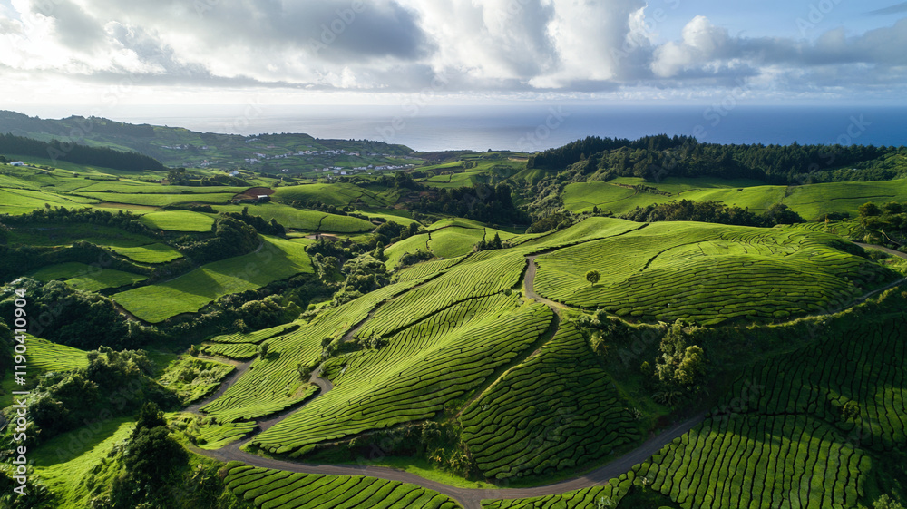 Fototapeta premium Beautiful Green Terraced Rice Fields on Mountain Slopes Under Blue Sky with Clouds
