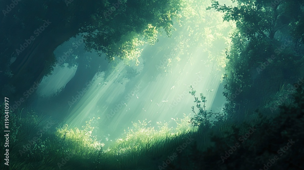 Fototapeta premium Sunbeams Illuminate A Mystical Green Forest Clearing