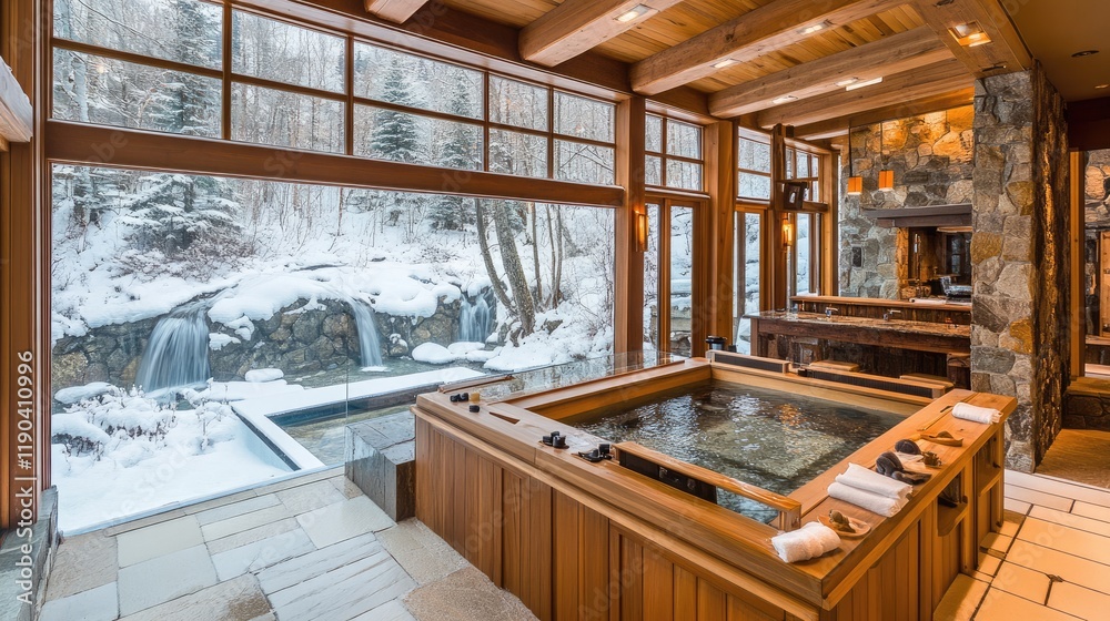 Luxurious Japanese onsen spa with a wooden soaking tub, stone decor, and a glass wall showcasing a waterfall. Luxurious Japanese onsen spa with a wooden soaking tub, stone decor, and a glass wall showcasing a waterfall.