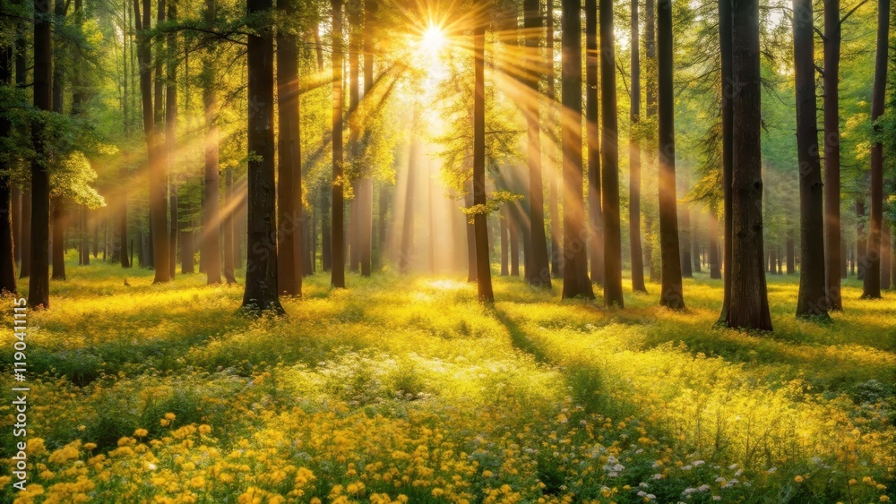 Obraz premium Golden Sunlight Illuminates a Forest Meadow with Blooming Yellow Flowers