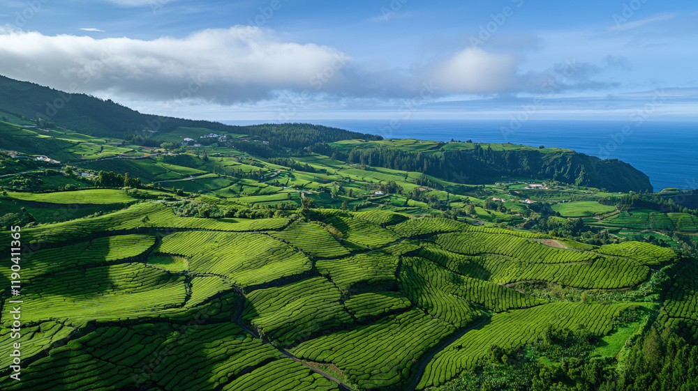 Obraz premium Beautiful Green Terraced Rice Fields on Mountain Slopes Under Blue Sky with Clouds