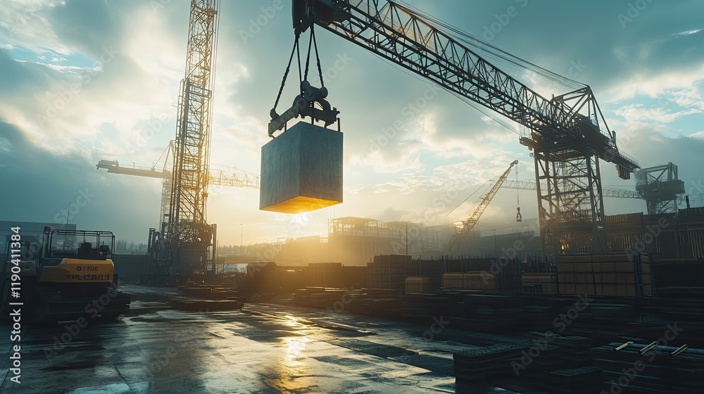 Obraz premium Crane lifts concrete block at sunset construction site