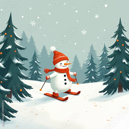 Joyful Snowman in Orange Accessories Skiing Through Snowy Winter Forest photo