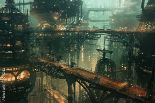 A digital painting depicting a sprawling futuristic city with complex steel frameworks, bridges, and buildings, Steel frame framework housing a bustling metropolis within its walls photo