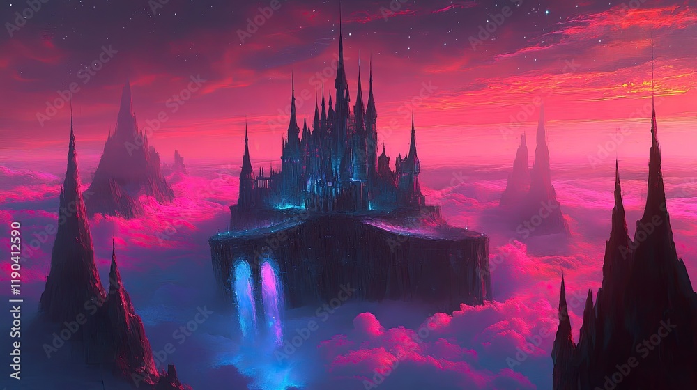 Naklejka premium A majestic castle sits atop a cloud shrouded peak at sunset