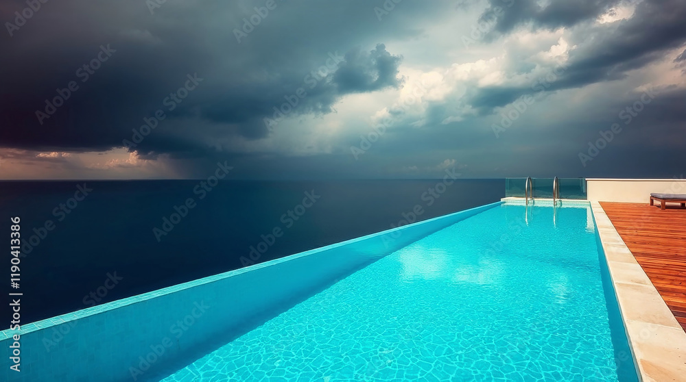 Infinity pool overlooking ocean under dramatic storm clouds Infinity pool overlooking ocean under dramatic storm clouds