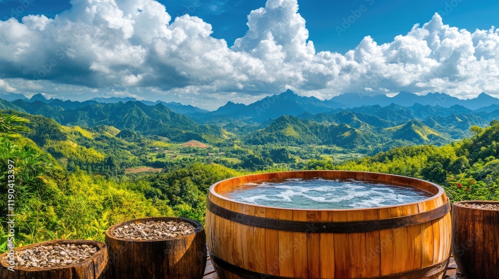 Open-air wooden bathtub with a view of a serene valley under a clear blue sky. Open-air wooden bathtub with a view of a serene valley under a clear blue sky.