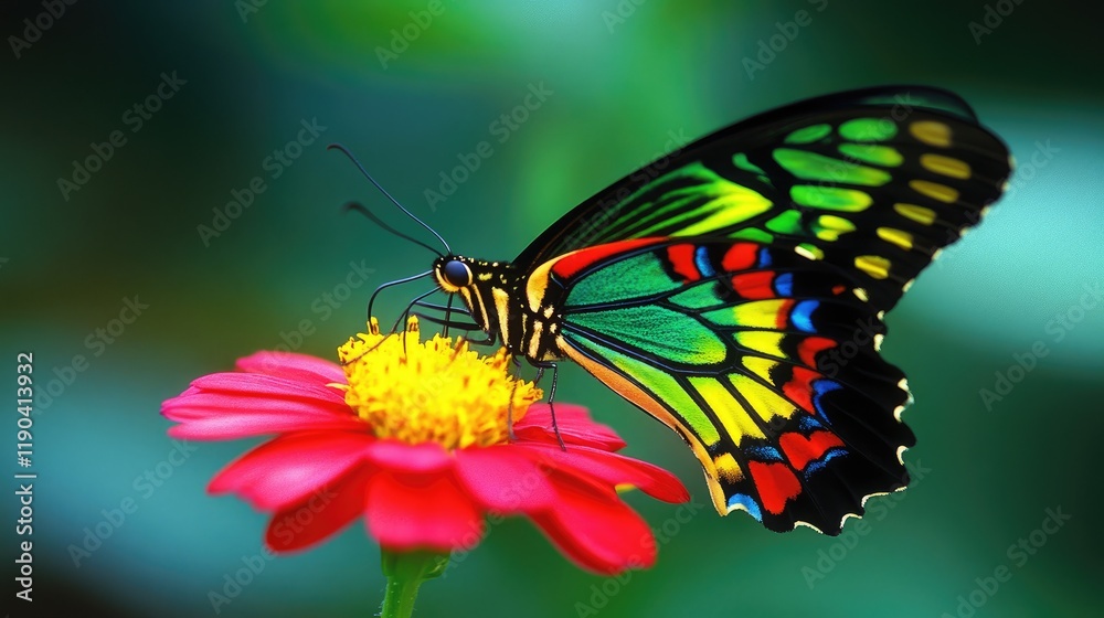Fototapeta premium A vibrant butterfly feeding on a red flower