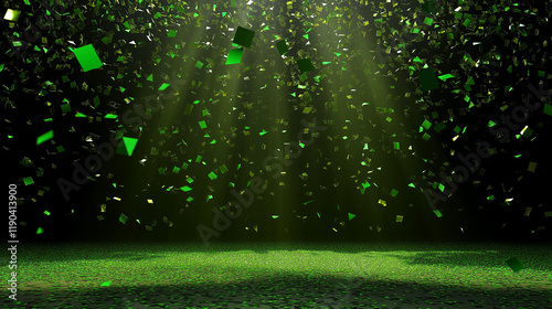 Vibrant cascade of green confetti under moody spotlight perfect for eco-themed celebrations and award events. Copy space