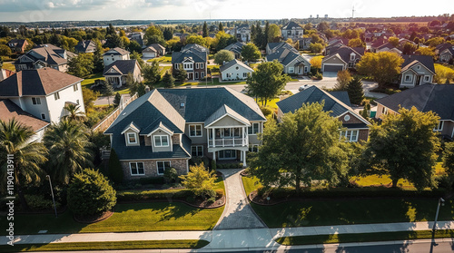 Wallpaper Mural Upscale suburban neighborhood with large houses and green trees during golden hour Torontodigital.ca