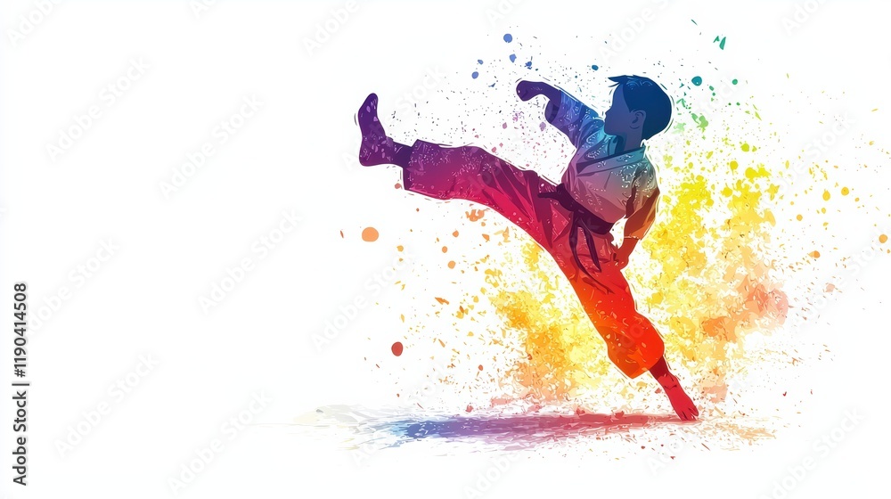 Dynamic karate kick by child vibrant splash of colors artistic expression energetic environment Dynamic karate kick by child vibrant splash of colors artistic expression energetic environment
