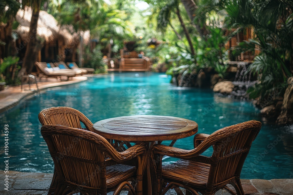 Fototapeta premium Wooden outdoor table and chairs near the pool in a tropical resort setting.