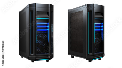 Sleek Modern Computer Case with Blue LED Lighting, Perfect for Tech and Gaming Websites, Product Showcase, and PC Hardware Advertising