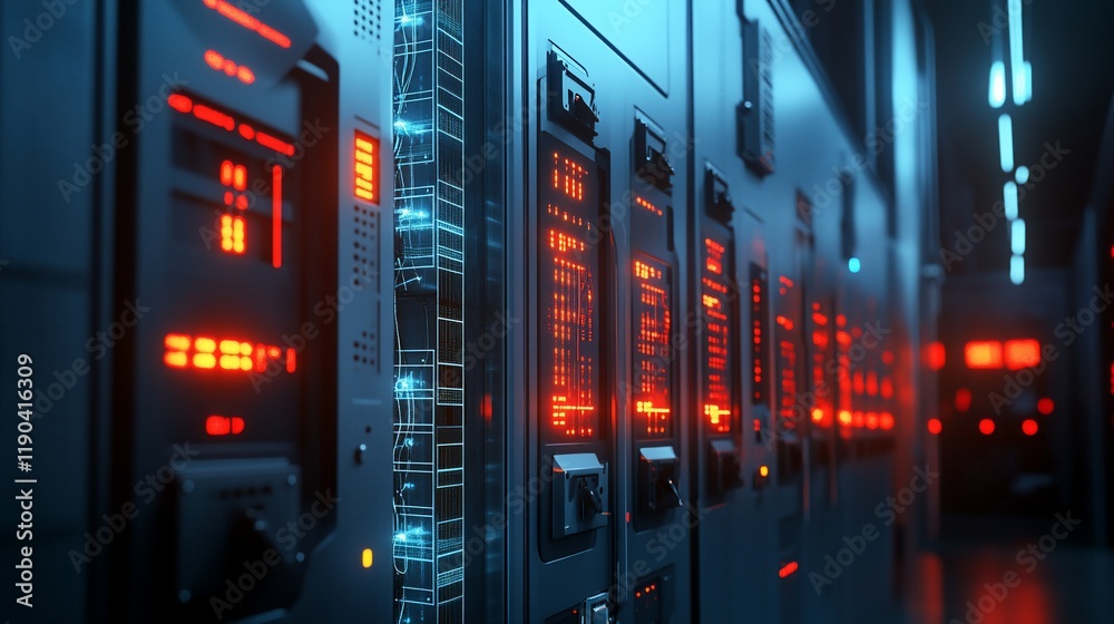 Futuristic control panel with glowing red and blue digital displays in a dark industrial setting. Futuristic control panel with glowing red and blue digital displays in a dark industrial setting.