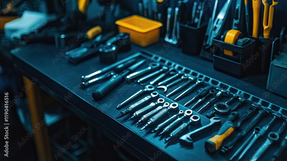 Fototapeta premium Assorted Mechanic Tools Organized On A Workbench