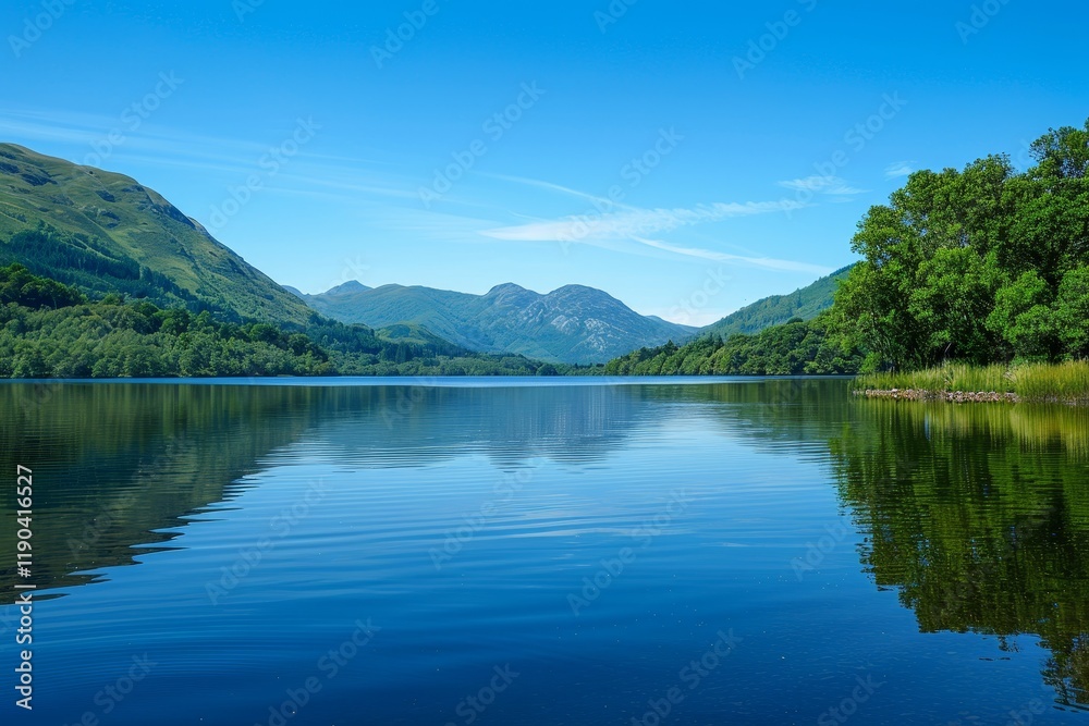 A serene lake in the Scottish Highlands with clear blue water, reflecting a bright sky and verdant mountains, A peaceful lake reflecting a clear blue sky A serene lake in the Scottish Highlands with clear blue water, reflecting a bright sky and verdant mountains, A peaceful lake reflecting a clear blue sky