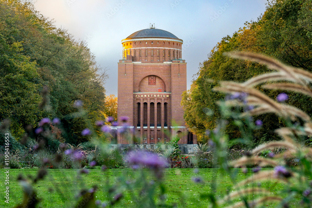 Das Planetarium in Hamburg abends in der goldenen Stunde, Blumen unscharf im Vordergrund, horizontal, Das Planetarium in Hamburg abends in der goldenen Stunde, Blumen unscharf im Vordergrund, horizontal,