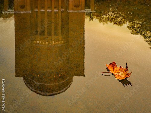 Spiegelung des Planetarium in Hamburg im Wasser, ein Blatt schwimmt im Wasser, horizontal photo