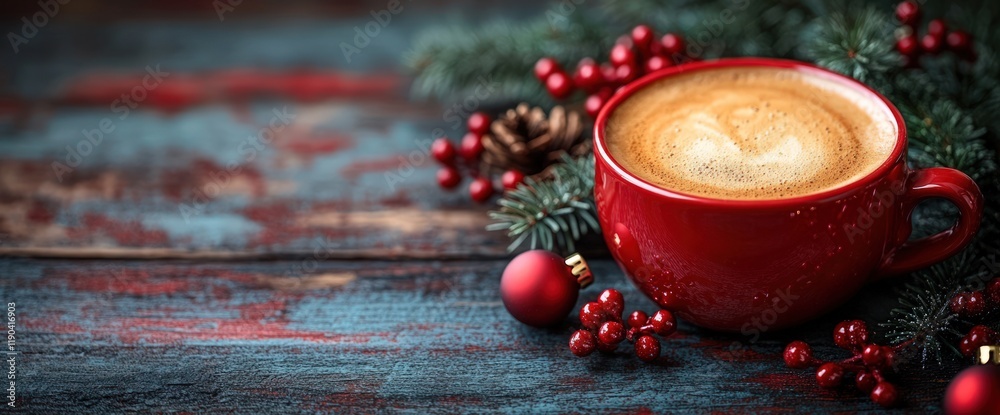 Red mug of cappuccino with Christmas decorations on rustic wood. Red mug of cappuccino with Christmas decorations on rustic wood.