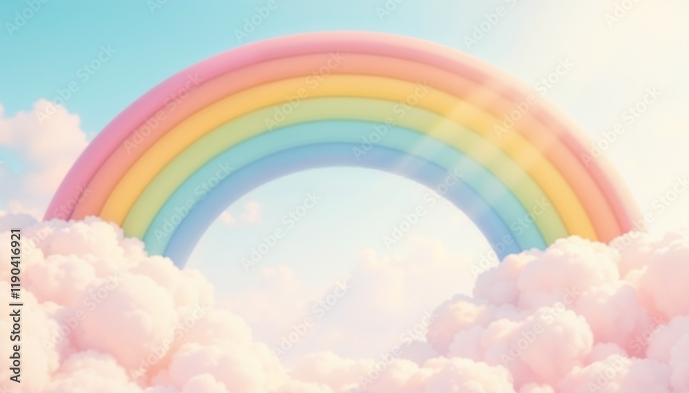 A soft colorful rainbow arching above fluffy clouds in a blue sky background with copy space A soft colorful rainbow arching above fluffy clouds in a blue sky background with copy space