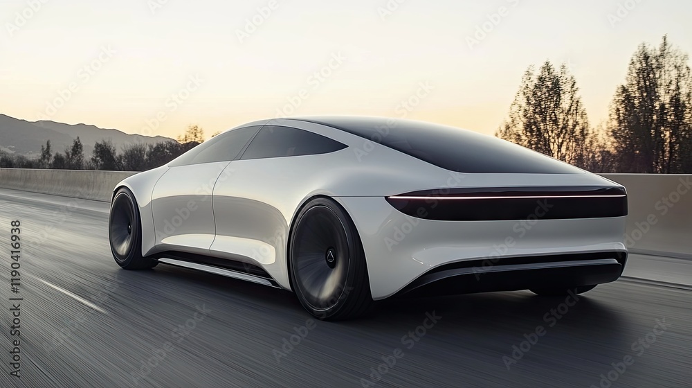 Naklejka premium White Electric Car Driving on a Highway at Sunset