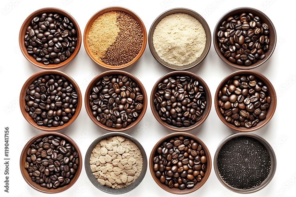 Coffee cups isolated on white background. Top view. Flat lay.