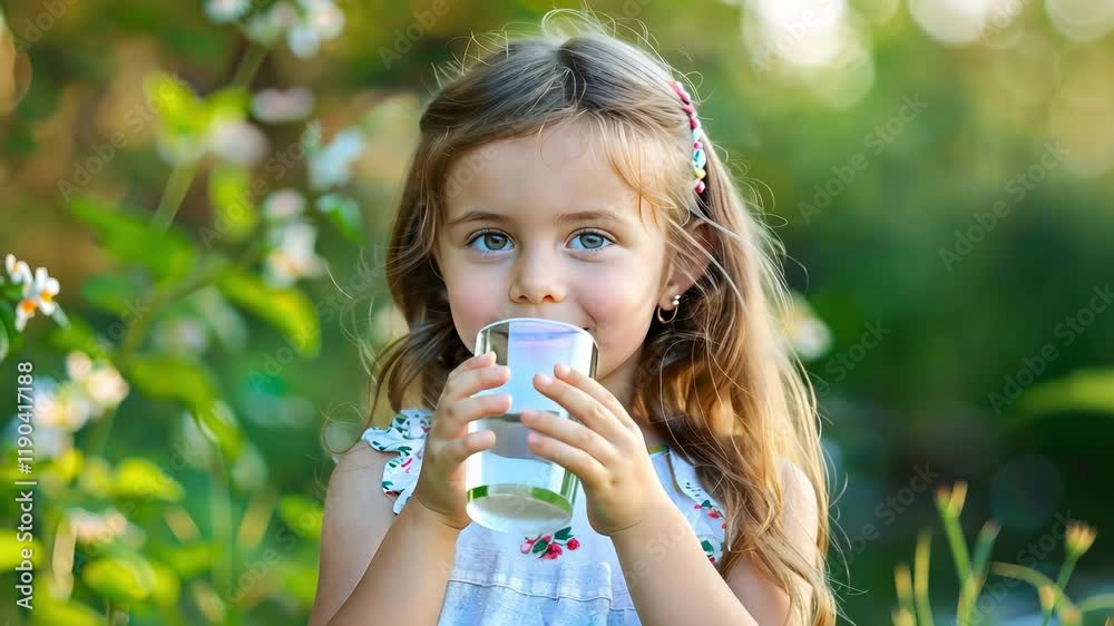 little girl drinks water in nature little girl drinks water in nature