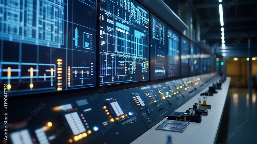 Futuristic control room with multiple monitors displaying data and control panels. Futuristic control room with multiple monitors displaying data and control panels.
