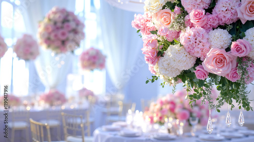 A tall vase filled with pink and white flowers on top of a table photo