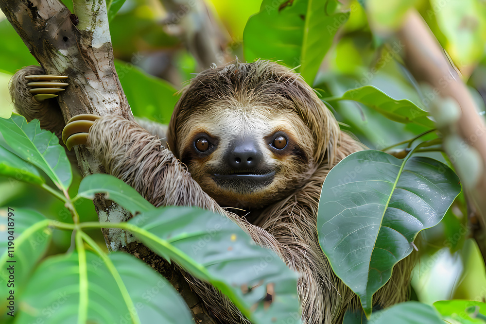 Fototapeta premium Cute sloth on a background of green tree leaves close-up