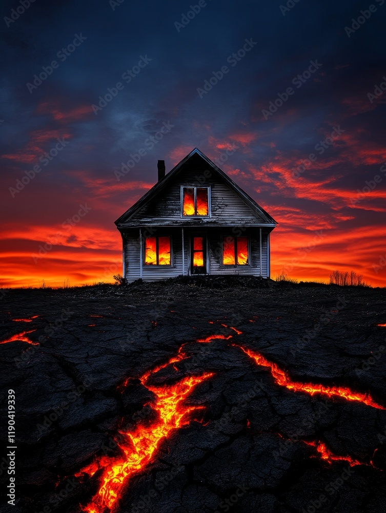 Fototapeta premium Burning House on Lava Field - A derelict house ablaze, perched precariously above a fiery lava flow, symbolizing destruction, resilience, apocalypse, hope, and contrast.