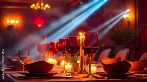 An image of an elegant candlelit dinner setting with red wine glasses, illuminated with volumetric lighting and vibrant complementary colors, featuring contrasting colors, balanced tones, and visible  photo