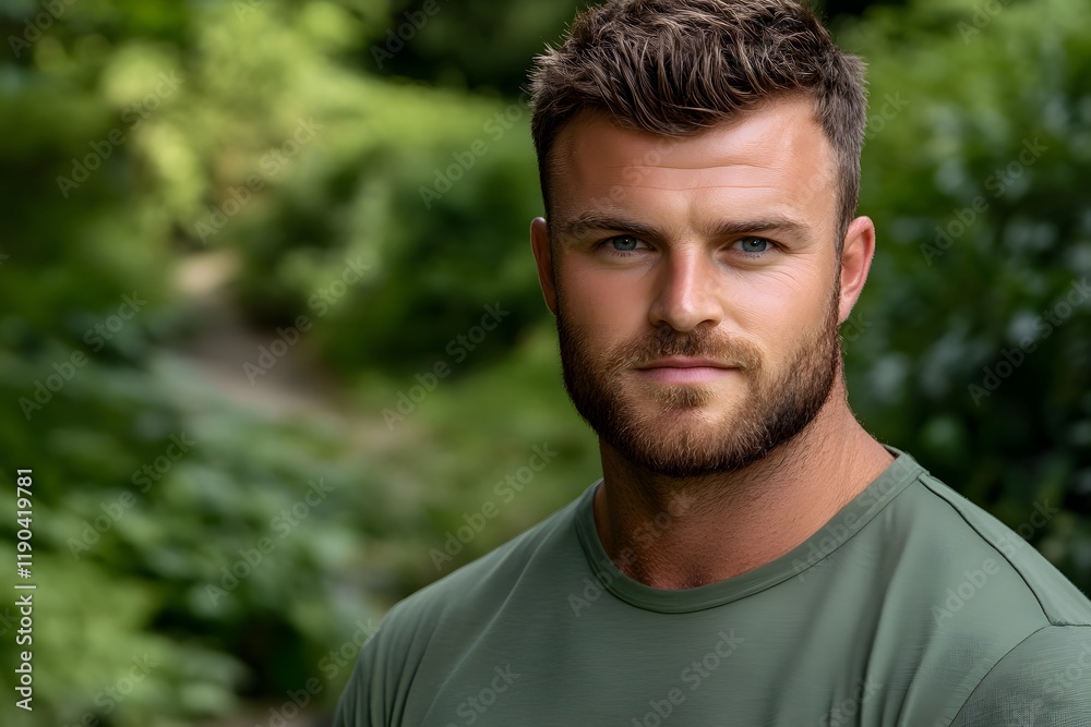 Handsome Man Portrait Outdoors Green Shirt Beard Handsome Man Portrait Outdoors Green Shirt Beard
