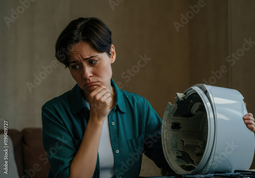 Woman with Broken Rice Cooker photo