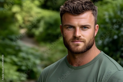 Handsome Man Portrait  Outdoors  Green Shirt  Beard