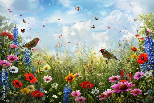 A meadow filled with colorful wildflowers, butterflies, and two birds, A lush meadow brimming with vibrant wildflowers and chirping birds on Easter
