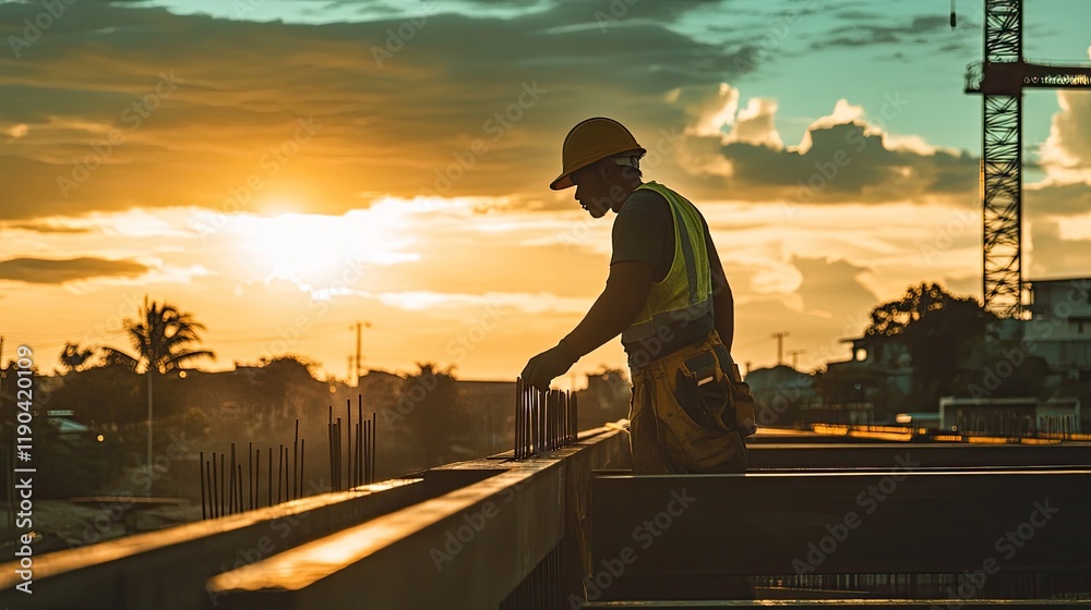 Fototapeta premium Construction Worker Silhouette at Sunset Setting Rebar