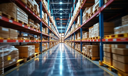 Warehouse Interior: Rows of Cardboard Boxes on Shelves. High quality 4K Footage