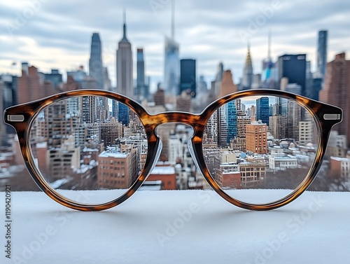 Cityscape Vision: Tortoise-Shell Glasses Reflecting Urban Panorama photo