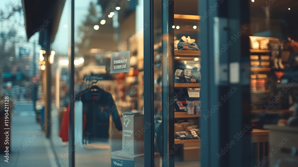 Fototapeta premium Blurred view of a retail store's interior through its glass storefront, showcasing clothing and merchandise displays.