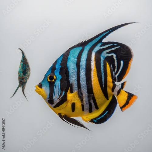 A juvenile angelfish with playful, bold colors, prominently displayed on a white background. photo