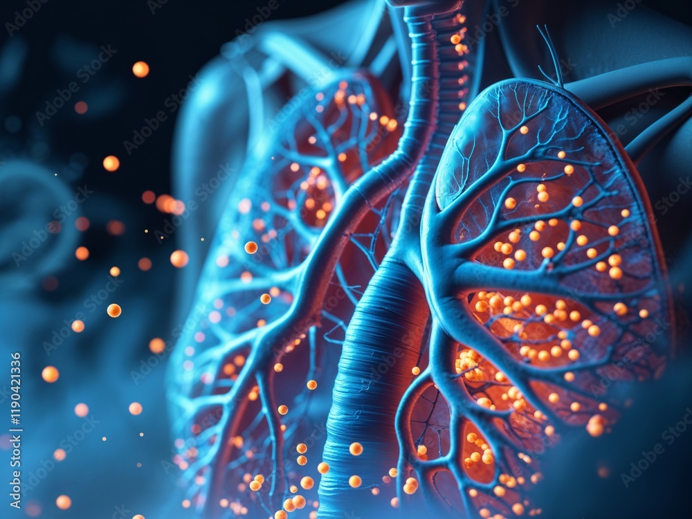 Medical 3D Visualization: Human Respiratory System with Virus Representation (Human metapneumovirus or HMPV) Medical 3D Visualization: Human Respiratory System with Virus Representation (Human metapneumovirus or HMPV)