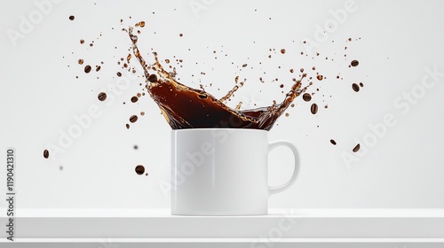 Coffee splash in white mug with beans.